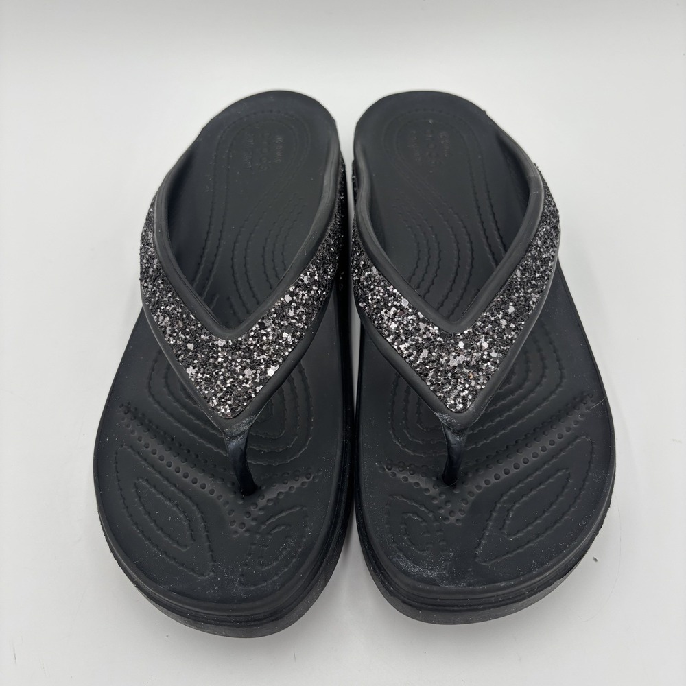 CROCS Sloane Sandals Womens 9 Glitter Wedge Flip Flops Slip On Black - Picture 2 of 8